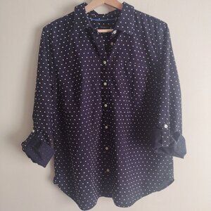 Talbots Navy Polka Dot Button-Up Shirt 16 Lightweight Cotton Dotted Swiss Top
